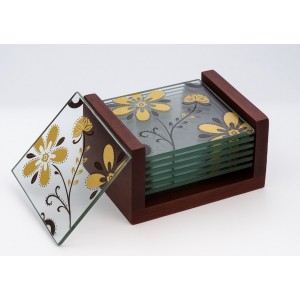 Σουβερ Γυάλινο Τετράγωνο 9x9cm Flower σε βάση ξύλινη 6 τεμαχίων Galifas 7971620