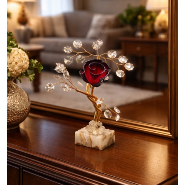 Διακοσμητικό Κρυστάλλινο Λουλούδι Bonsai de Cristal Κόκκινο σε μαρμάρινη βάση 10x4x19cm
