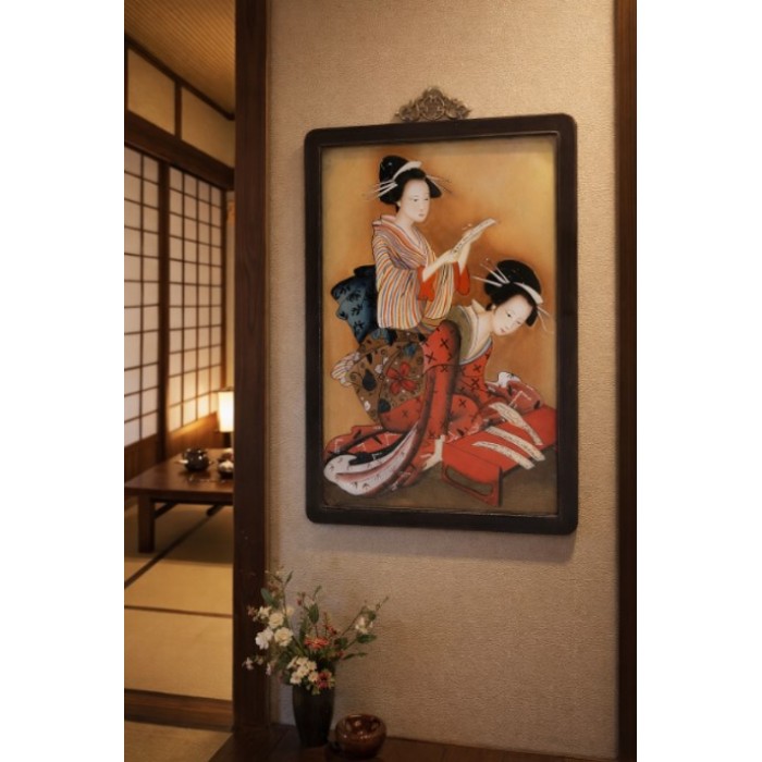 Πίνακας Γυάλινος Geisha 33x52cm με ξύλινο πλαίσιο από μαόνι