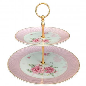 Εταζέρα απο Πορσελάνη 2 επιπέδων Pink Stripes Ø27xY25cm Galifas 760602