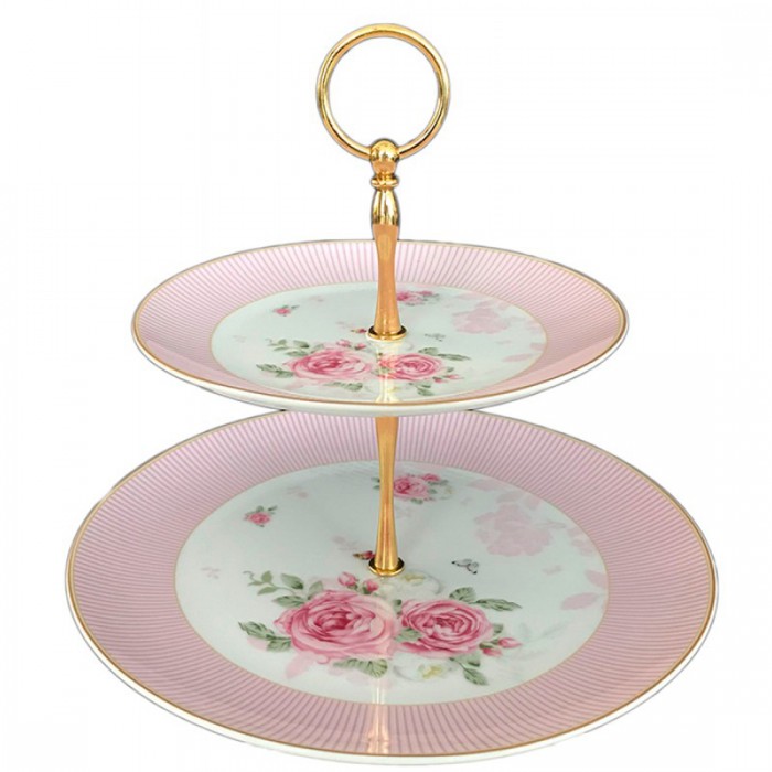 Εταζέρα απο Πορσελάνη 2 επιπέδων Pink Stripes Ø27xY25cm