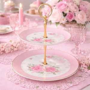 Εταζέρα απο Πορσελάνη 2 επιπέδων Pink Stripes Ø27xY25cm Galifas 760602