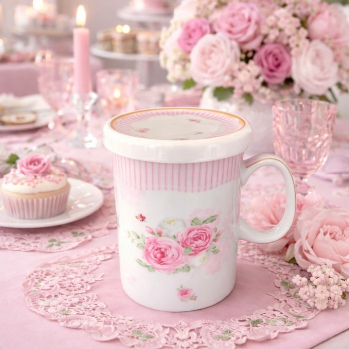 Κούπα από Πορσελάνη 380ml με Καπάκι Pink Stripes Galifas