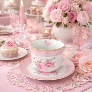 Φλιτζάνι από Πορσελάνη Λευκό 420ml Pink Stripes με πιατάκι Galifas 760604