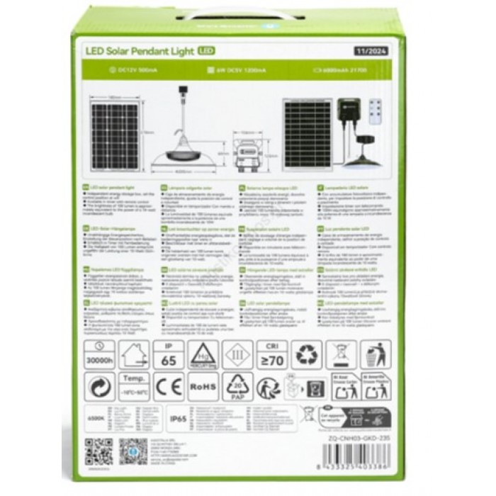 Ηλιακό Κρεμαστό Φωτιστικό LED 1x70W με Τηλεχειριστήριο Ø 23.5cm Aigostar