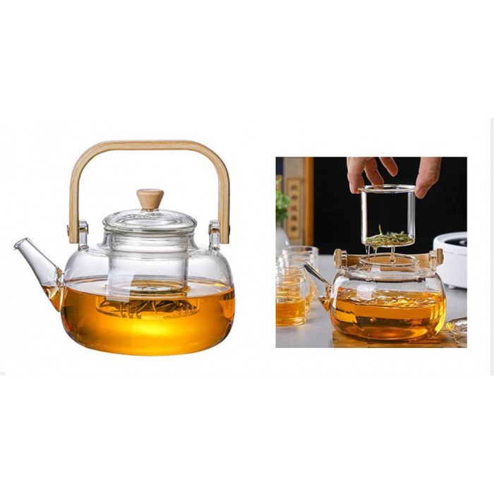 Γυάλινη τσαγιέρα με ξύλινη λαβή και blooming tea σε δίσκο