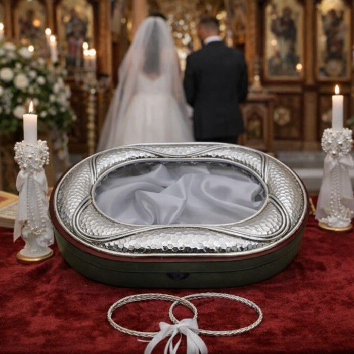 Στεφανοθήκη οβάλ σφυρήλατη με ύφασμα για στεφάνια γάμου