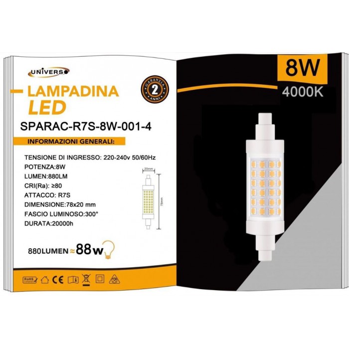 Λάμπα LED R7S 8W 880lm 78mm φυσικό λευκό 4000K Universo