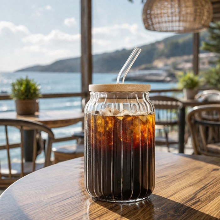 Ποτήρι νερού από διάφανο γυαλί 550ml με καπάκι και καλαμάκι