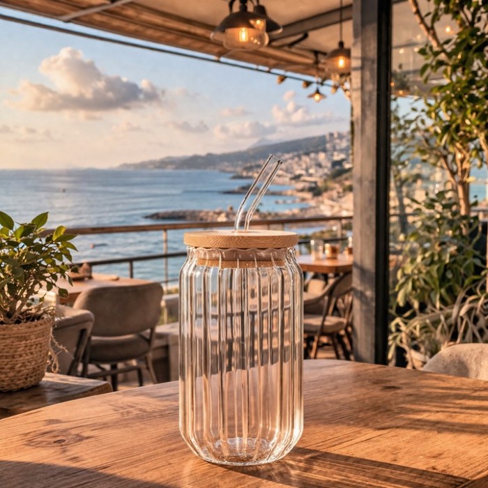 Ποτήρι νερού από διάφανο γυαλί 550ml με καπάκι και καλαμάκι