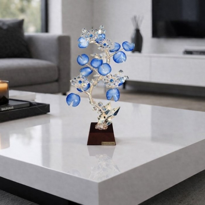 Διακοσμητικό κρυστάλλινο λουλούδι μπλε Bonsai de Cristal σε ξύλινη βάση 14x12x36cm