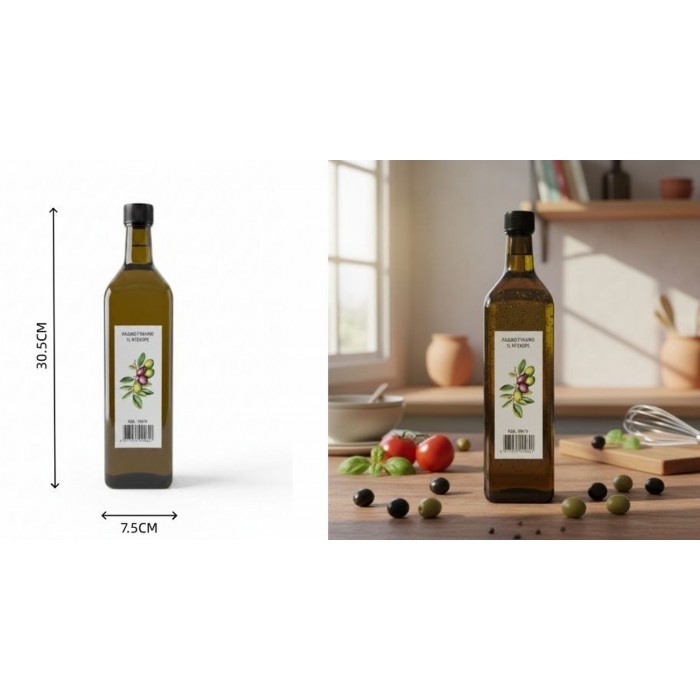Γυάλινο δοχείο λαδιού 1000ml με μαύρο καπάκι σε πάγκο κουζίνας