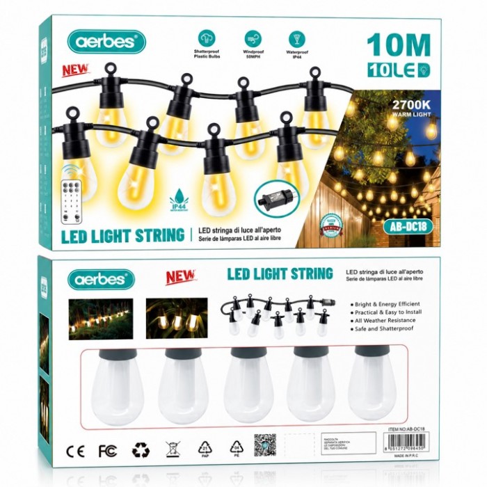 Γιρλάντα Φωτισμού Εξωτερικού Χώρου Μαύρη 10m με 10 Ντουί Ε27 IP54 Aerbes