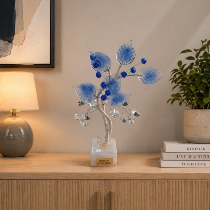 Διακοσμητικό κρυστάλλινο λουλούδι Bonsai De Cristal μπλε σε μαρμάρινη βάση 12x6x20cm