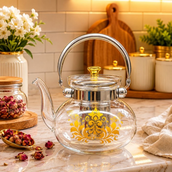 Γυάλινη τσαγιέρα 1200ml με ανοξείδωτο φίλτρο και χρυσό σχέδιο