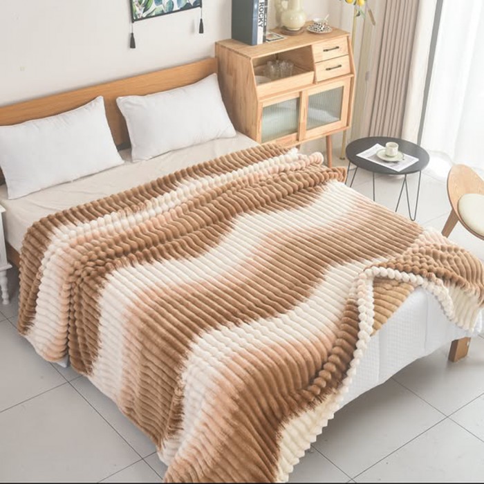 Κουβέρτα Fleece Δίχρωμο Ριγέ 160x220cm Καπουτσίνο 