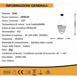 Κρεμαστό Φωτιστικό Οροφής Κρυστάλλινος LED 35w Ψυχρό Λευκό 45x120cm Universo