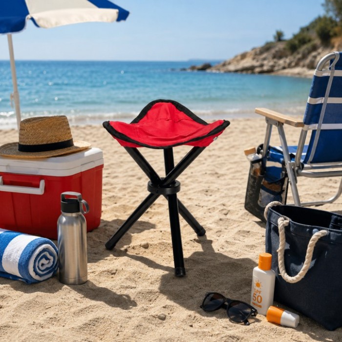 Σκαμπάκι παραλίας camping κόκκινο πτυσσόμενο 32x32x42cm