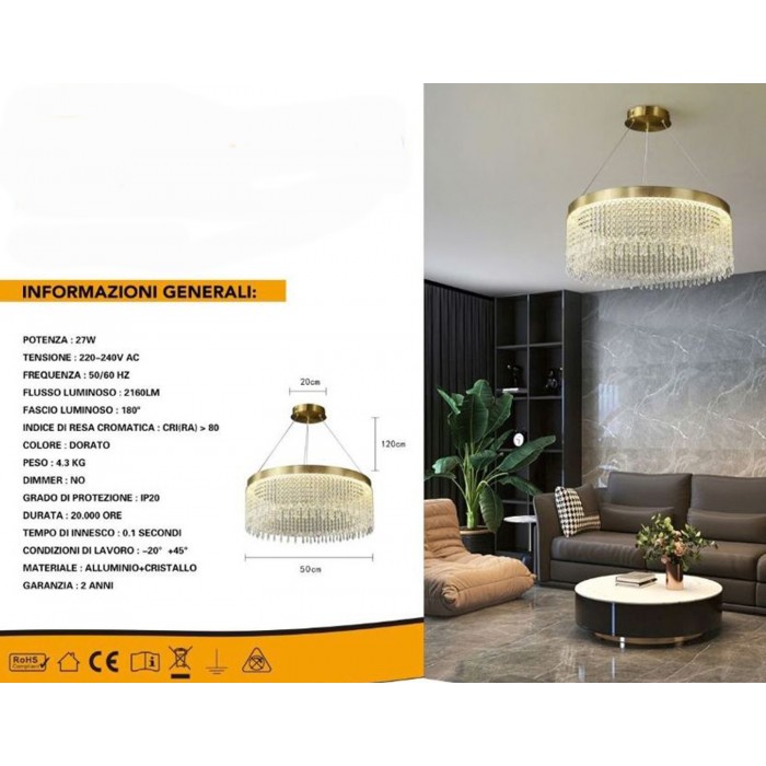Κρεμαστό φωτιστικό οροφής κρυστάλλινο LED 27W 2160LM 50x120cm Galifas GBW-751886