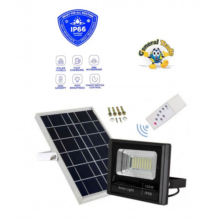 Στεγανός Ηλιακός Προβολέας LED 100W Ψυχρό Λευκό 6400LM με Τηλεχειριστήριο IP66
