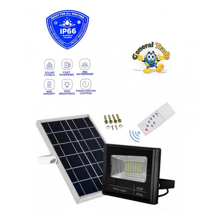 Στεγανός Ηλιακός Προβολέας LED 50W Ψυχρό Λευκό 4000LM με Τηλεχειριστήριο IP66