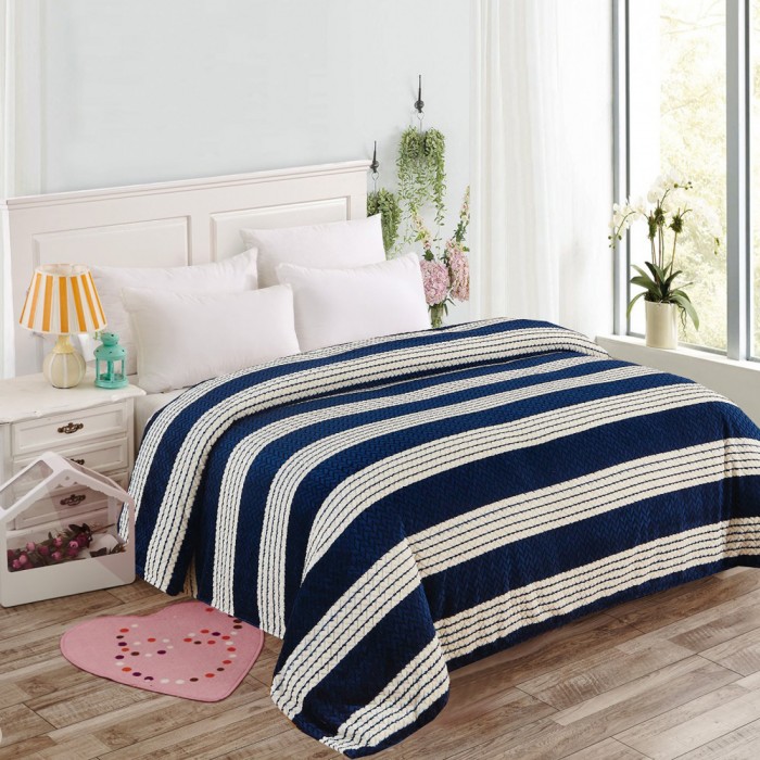 Κουβέρτα Fleece Υπέρδιπλη 220x240cm Ριγέ Μπλε ForHome