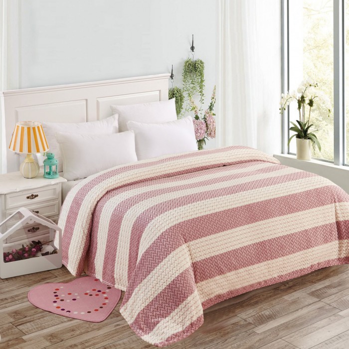 Κουβέρτα Fleece Υπέρδιπλη 220x240cm Ριγέ Ροζ ForHome
