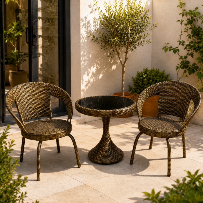 Σετ κήπου bistro rattan look με 2 καρέκλες και γυάλινο τραπέζι καφέ μπεζ