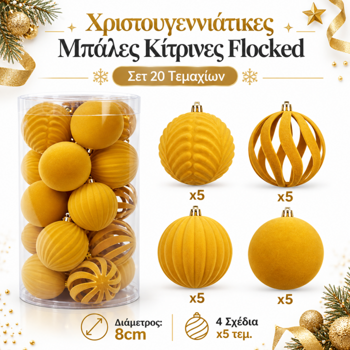 Μπάλες Χριστουγεννιάτικες Βελούδινες Κίτρινες 8cm 20 τεμαχίων General Trade 474637