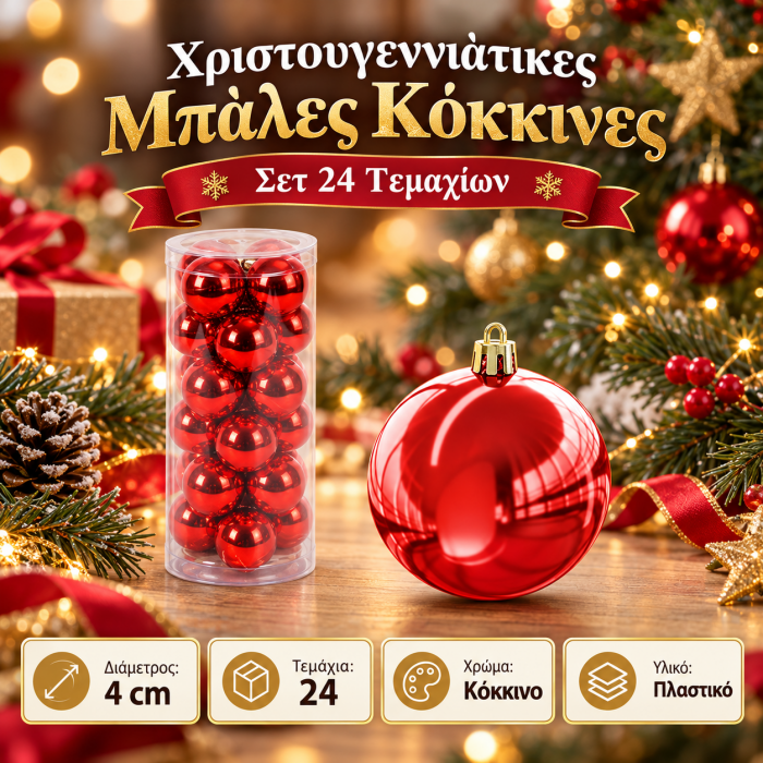 Μπάλα Διακοσμητική Χριστουγεννιάτικη Κόκκινη 4cm 24 τεμαχίων General Trade 774613
