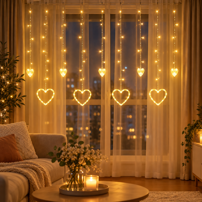 Χριστουγεννιάτικα LED Κουρτίνα Καρδιές 3.6m 120 LED Θερμό Φως