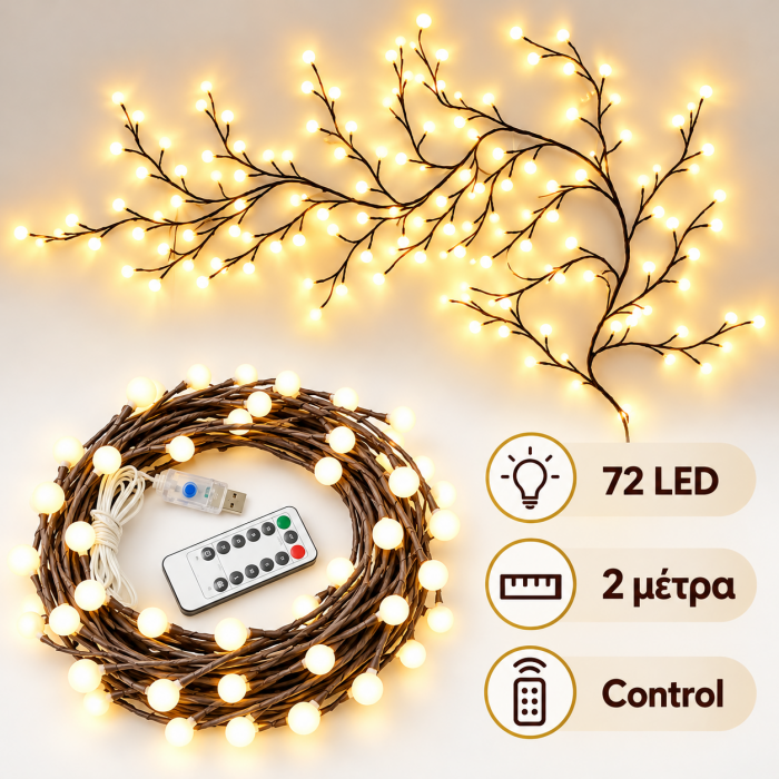 72 LED Διακοσμητικά Κλαδιά Τοίχου Θερμό Φως 2 μέτρα General Trade 772186