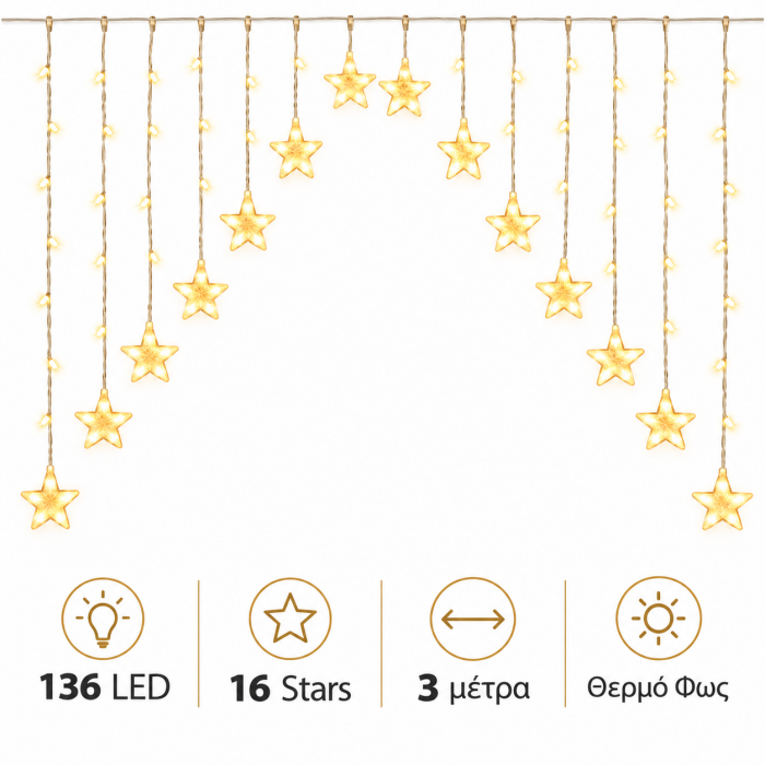 136 Led Λαμπάκια Θερμό Φως 3m τύπου κουρτίνα 16 Stars General Trade 472182