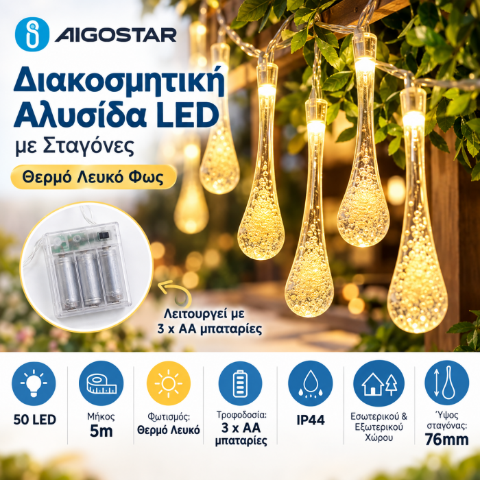 50 Led Φωτιστικά Σχήμα Σταγόνας Βροχής Μπαταρία 3AA Θερμό Λευκό 5m-10cm led Ip44 Εσωτερικού Εξωτερικού Χώρου Aigostar 298609