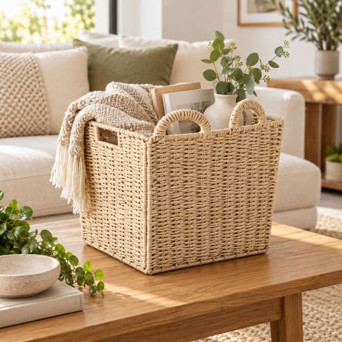 Καλάθι Πλεκτό Πτυσσόμενο Style 30x30x32cm σε φυσικό μπεζ χρώμα με στρογγυλεμένες λαβές