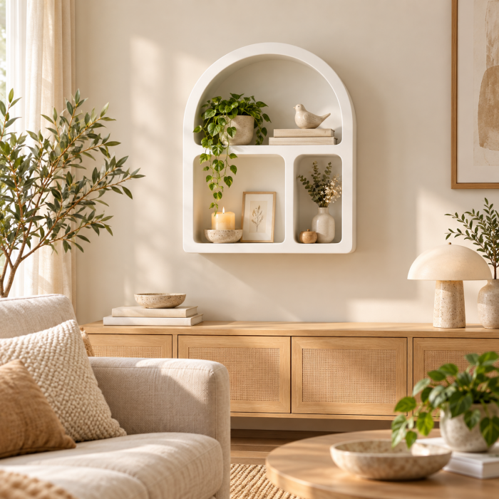 Ράφι Επιτοίχιο Λευκό Style 32x15x40cm με τοξωτό σχεδιασμό και 3 αποθηκευτικούς χώρους