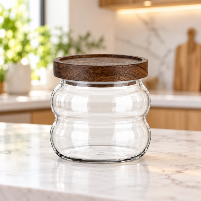  Γυάλινο διάφανο βάζο γενικής χρήσης 300ml με ξύλινο καπάκι 