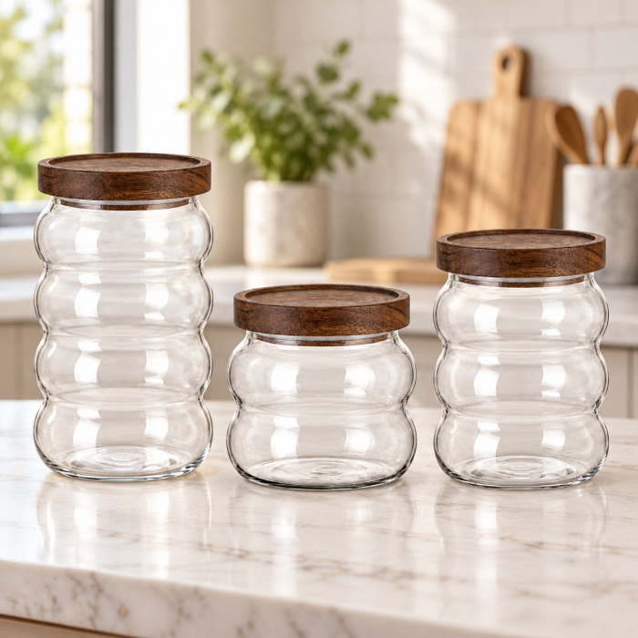  Γυάλινο διάφανο βάζο γενικής χρήσης 750ml με ξύλινο καπάκι και ανάγλυφο σχέδιο 9x15cm