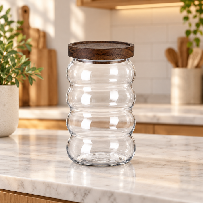  Γυάλινο διάφανο βάζο γενικής χρήσης 750ml με ξύλινο καπάκι και ανάγλυφο σχέδιο 9x15cm