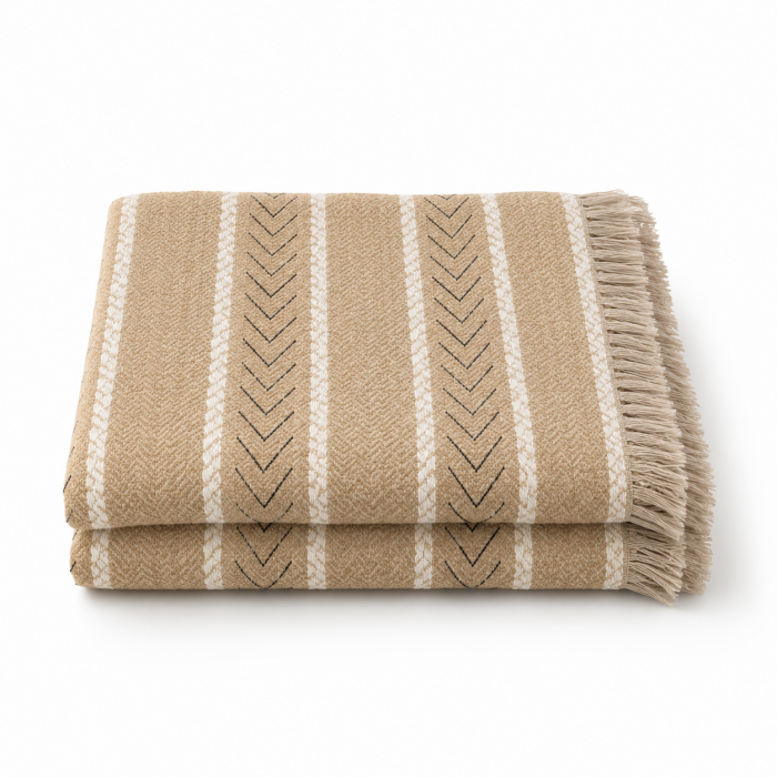 Μπεζ ριχτάρι Chenille με κρόσια Sahara Chevron 180x180cm