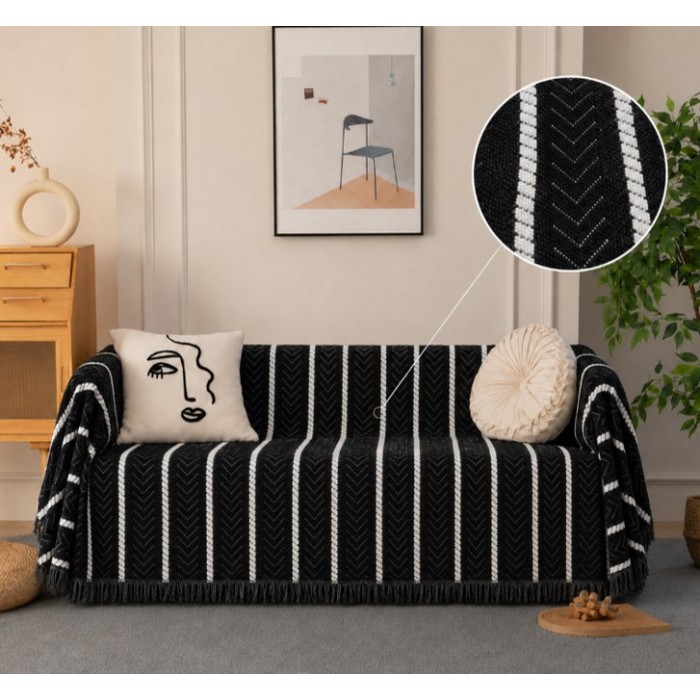 Μαύρο ριχτάρι Chenille με κρόσια Sahara Chevron 180x320cm