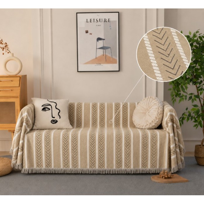 Μπεζ ριχτάρι Chenille με κρόσια Sahara Chevron 180x180cm