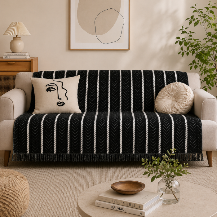 Μαύρο ριχτάρι Chenille με κρόσια Sahara Chevron 180x320cm