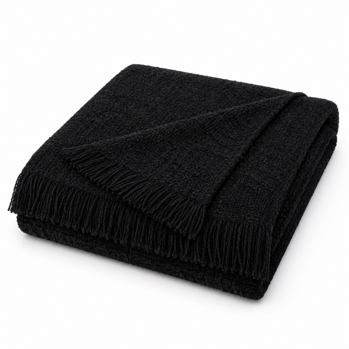 Ριχτάρι Chenille μαύρο με κρόσια 180x280cm