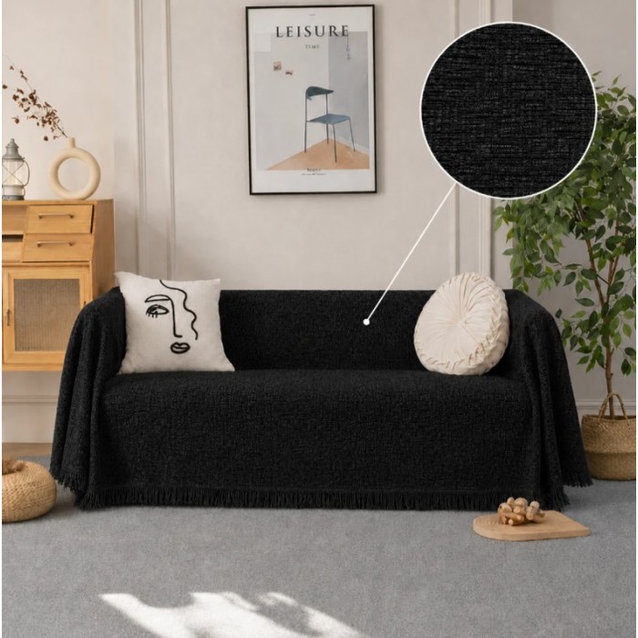 Ριχτάρι Chenille μαύρο με κρόσια 180x280cm
