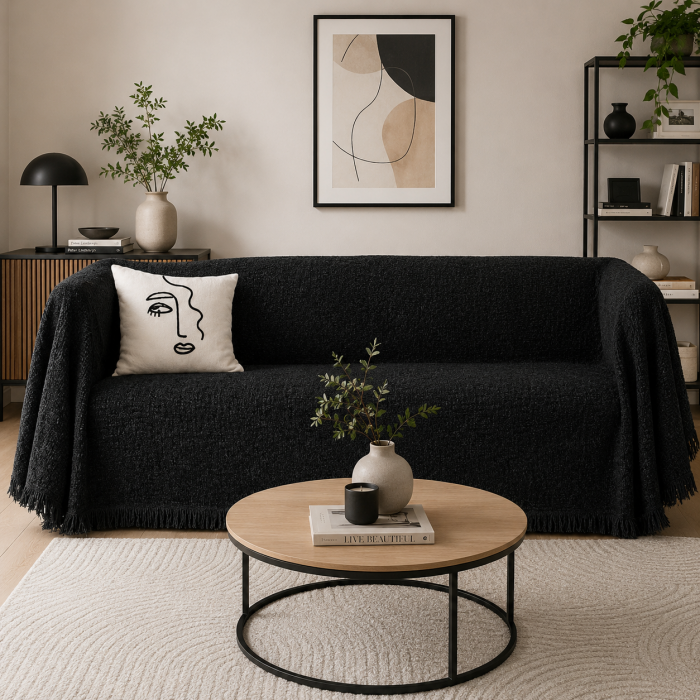 Ριχτάρι Chenille μαύρο με κρόσια 180x280cm