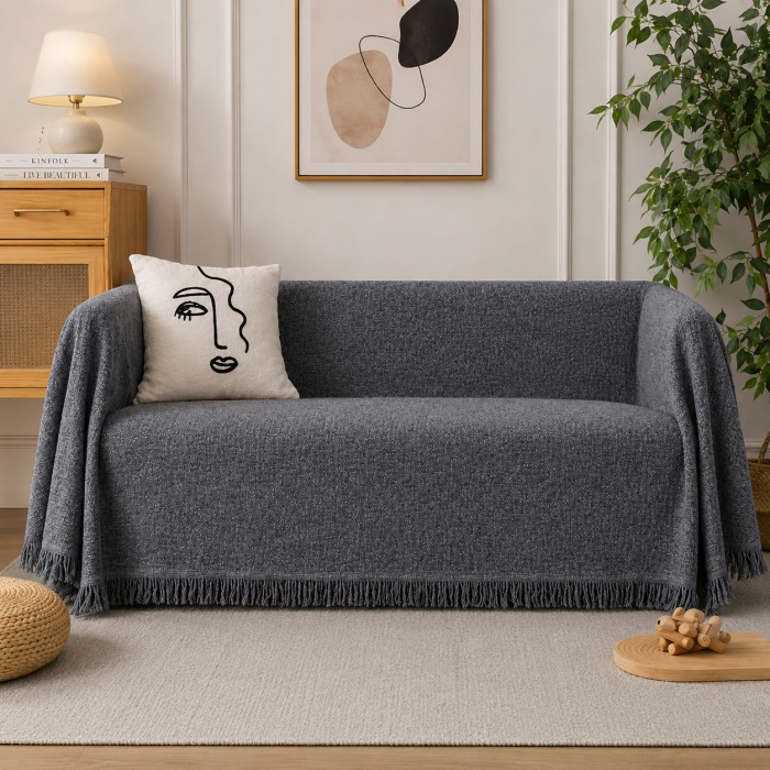 Ριχτάρι Chenille γκρι με κρόσια 180x180cm