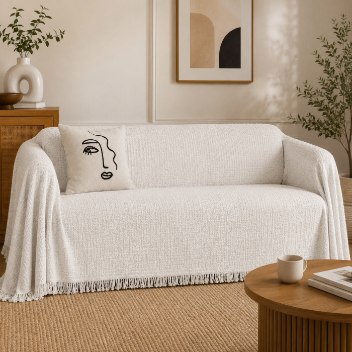 Ριχτάρι Chenille λευκό με κρόσια 180x320cm