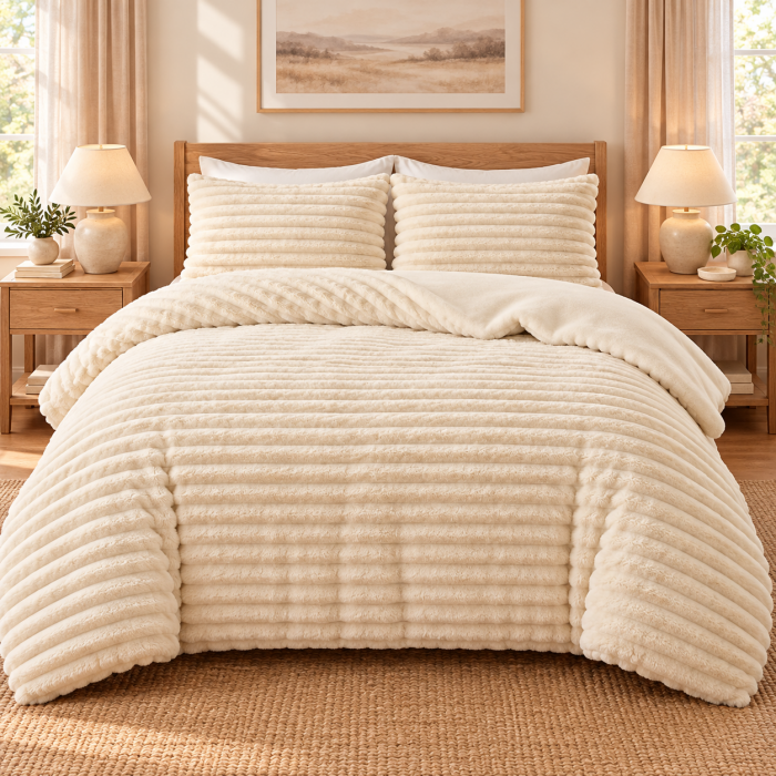 Κουβερτοπάπλωμα Υπέρδιπλο 220x240cm 3KG Extra Soft με Ανάγλυφες Ρίγες Μπεζ ForHome 557703
