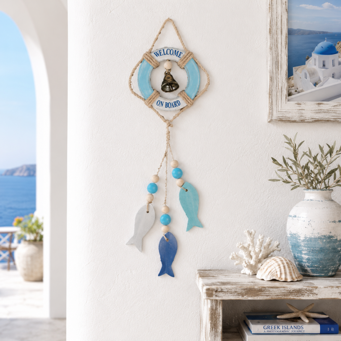 Διακοσμητικό Ξύλινο Κρεμαστό Nautical Welcome με Καμπανάκι & Ψαράκια 